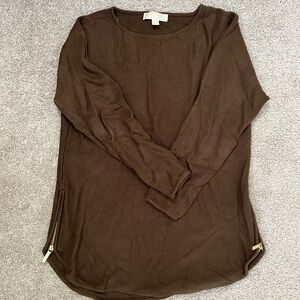 Michael Kors Brown Long Sleeve Knit Top with Gold Zippers